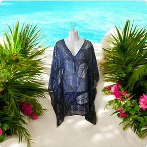 Signature Blue Beaded Beach Cover Up OS Sheer Femine